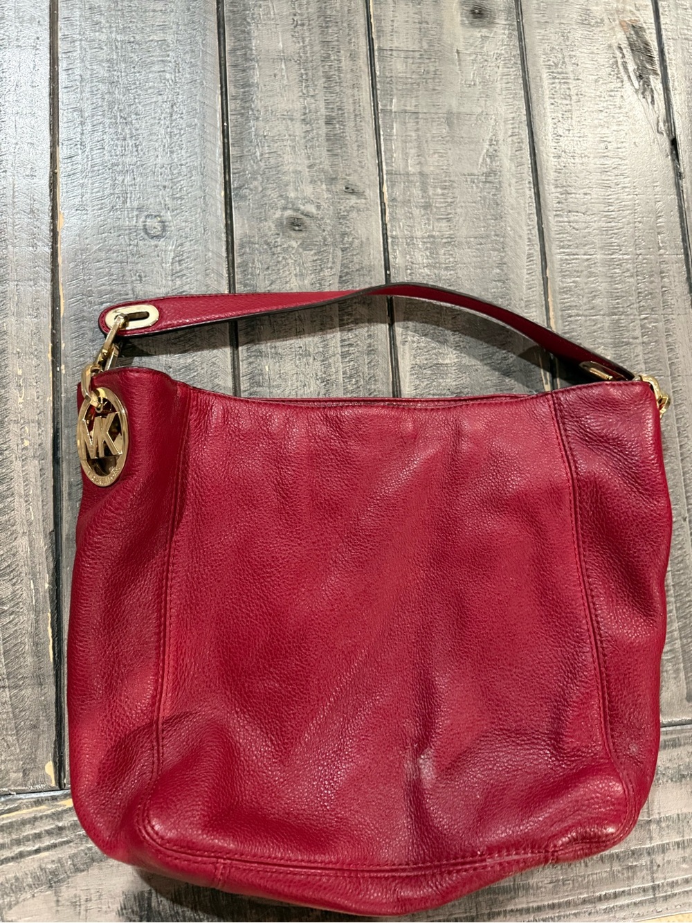 Michael Kors Burgundy Red Leather Shoulder Hobo with Gold MK Charm